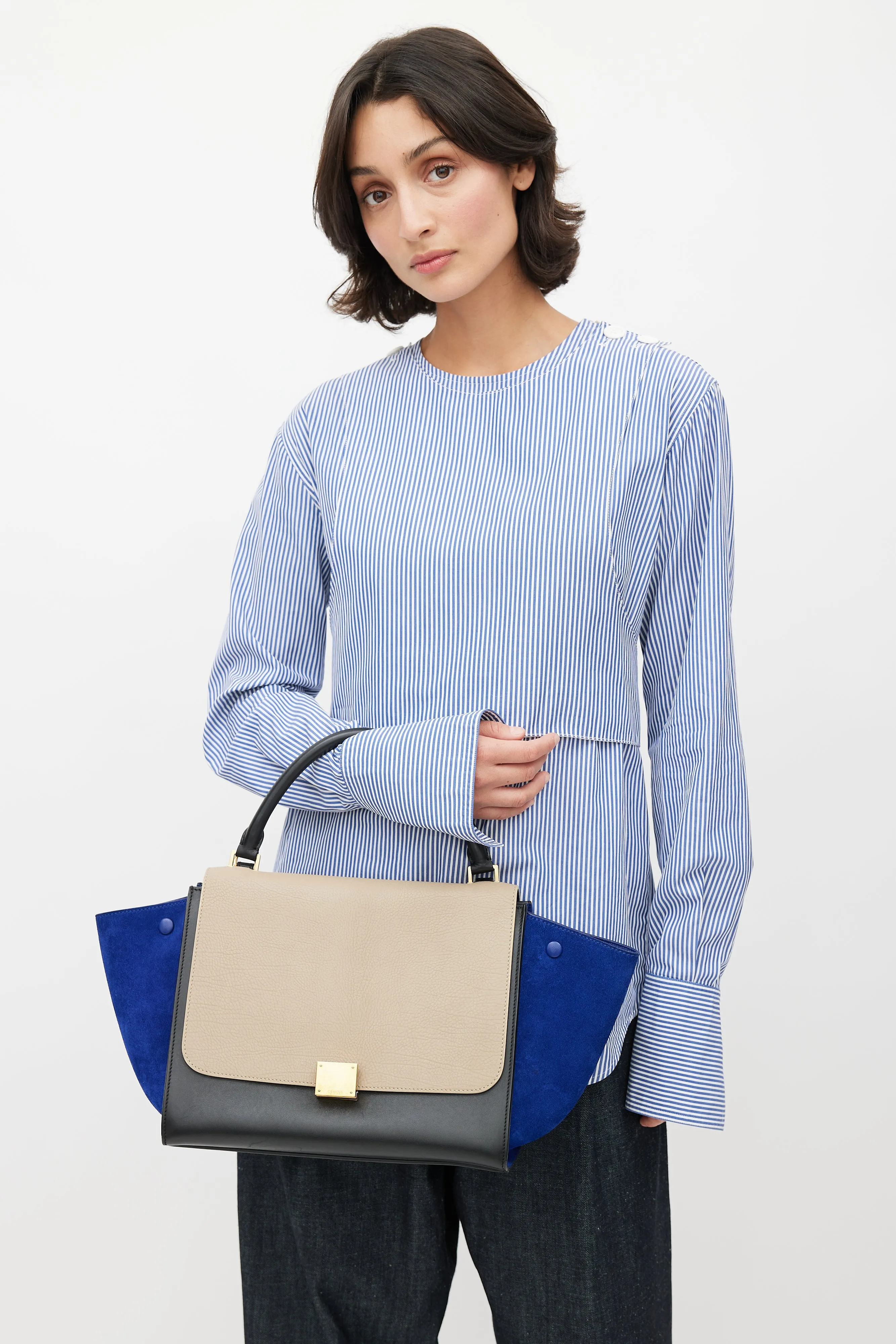 2013 Beige & Blue Medium Trapeze Shoulder Bag