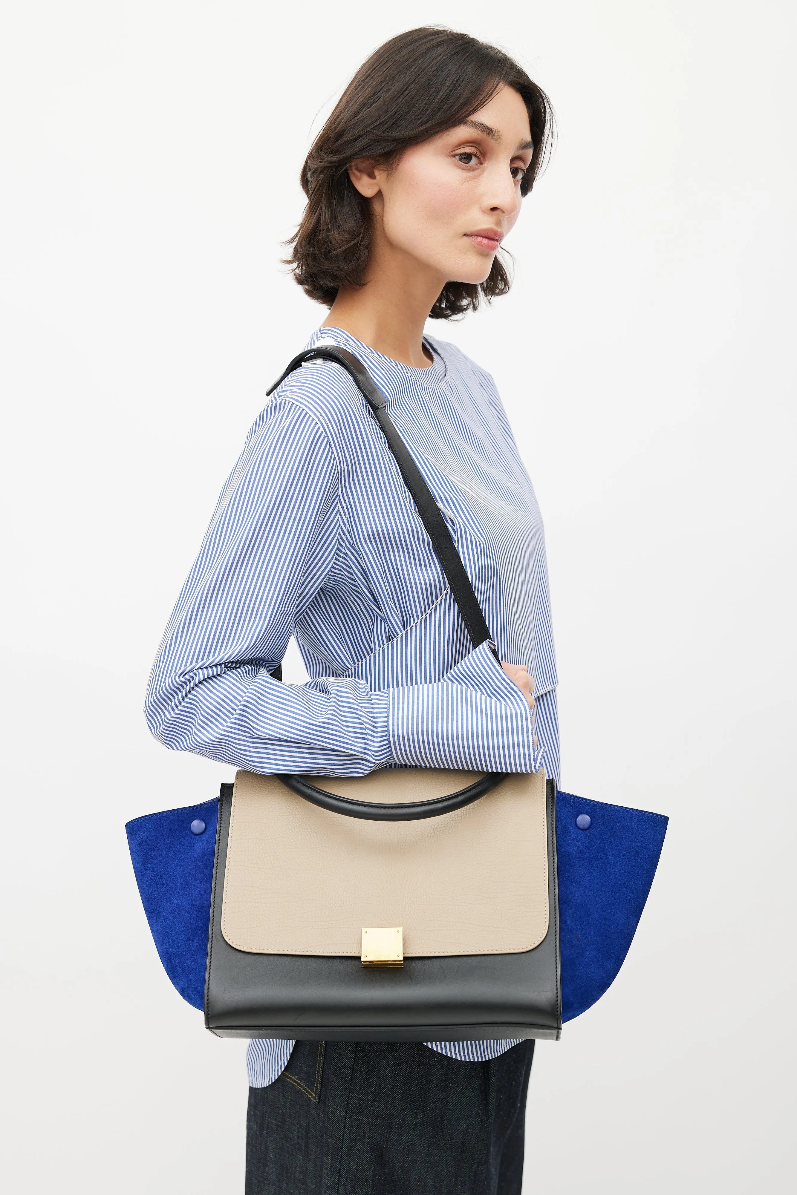 2013 Beige & Blue Medium Trapeze Shoulder Bag