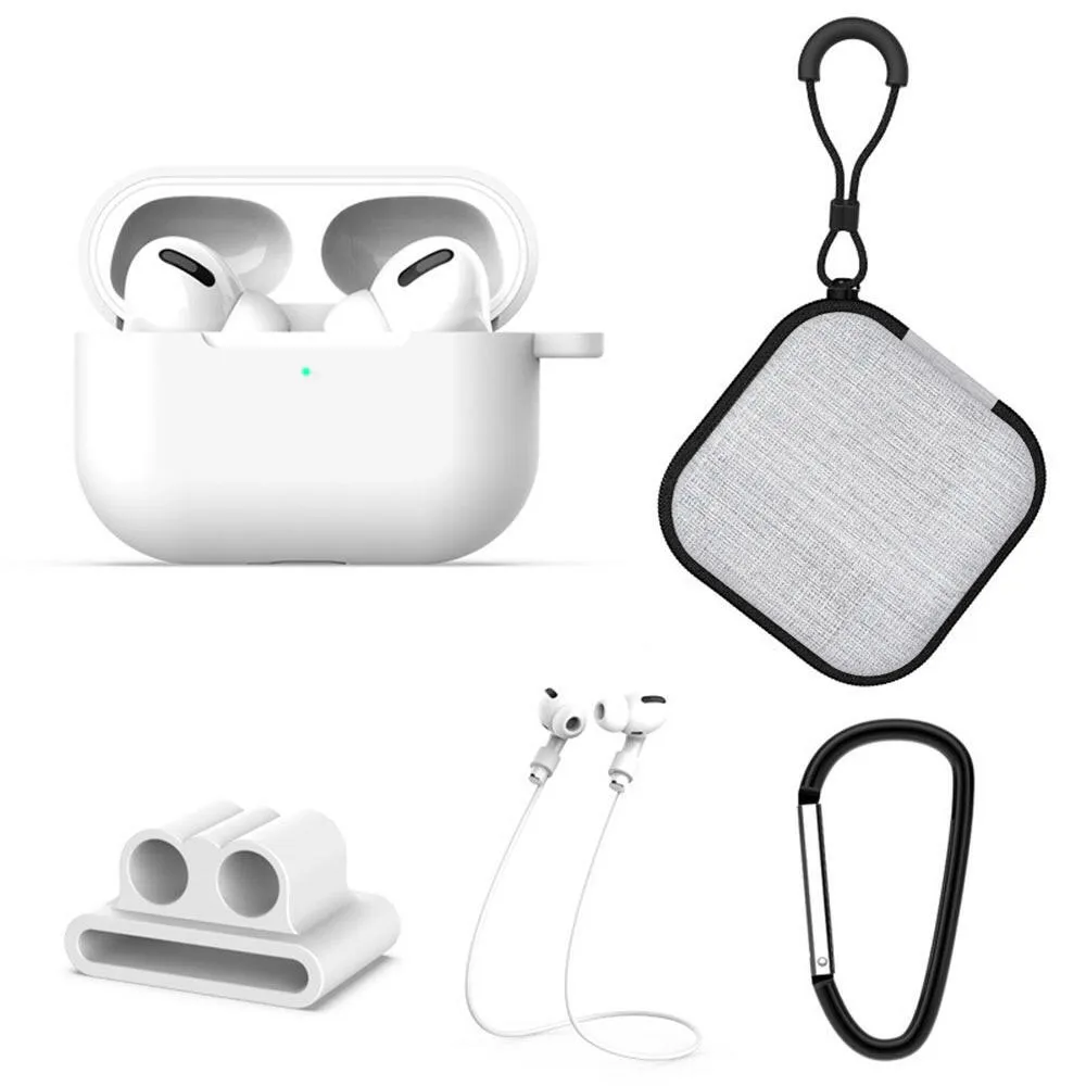 5 in1 Protective Case Compatible with Apple AirPods Pro Charging Case Silicone Cover   Watch Band Holder   Anti-lost Straps   Storage Bag   Hook Earphone Protector Accessories