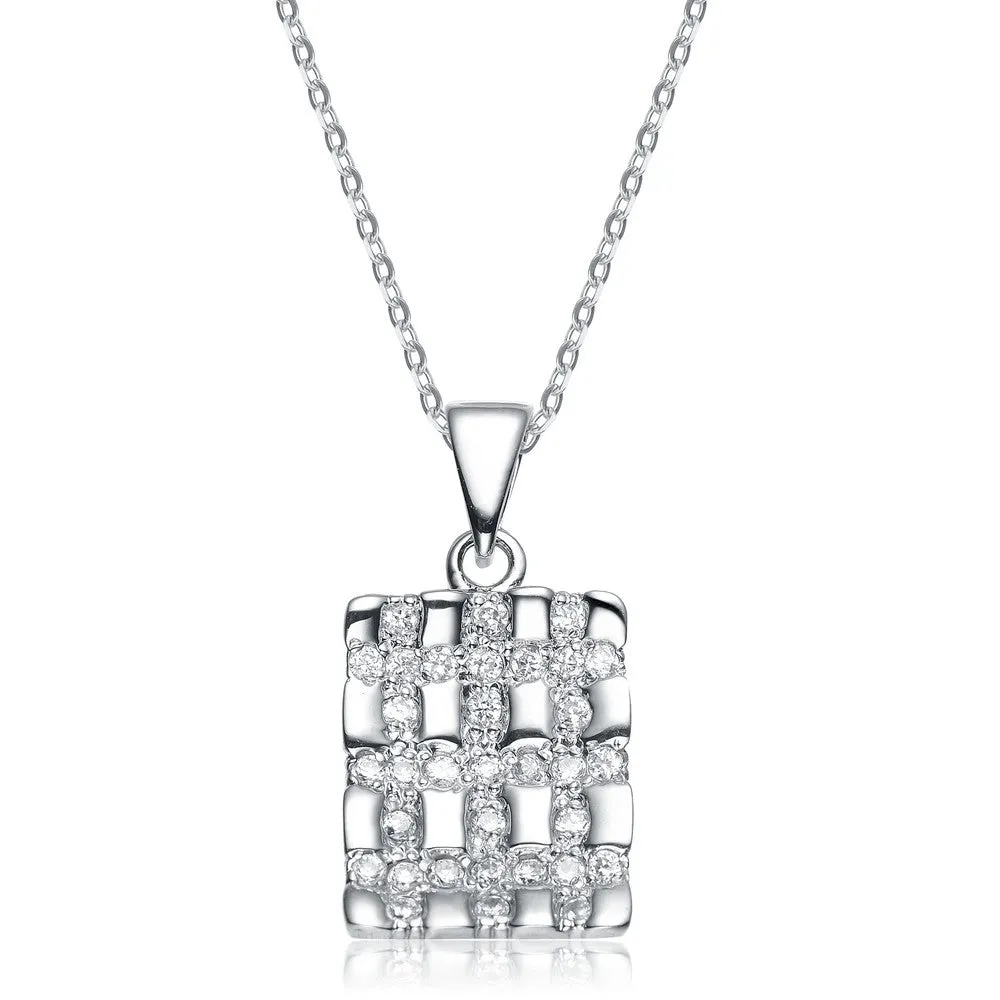 .925 Sterling Silver White Cubic Zirconia Woven Square Pendant