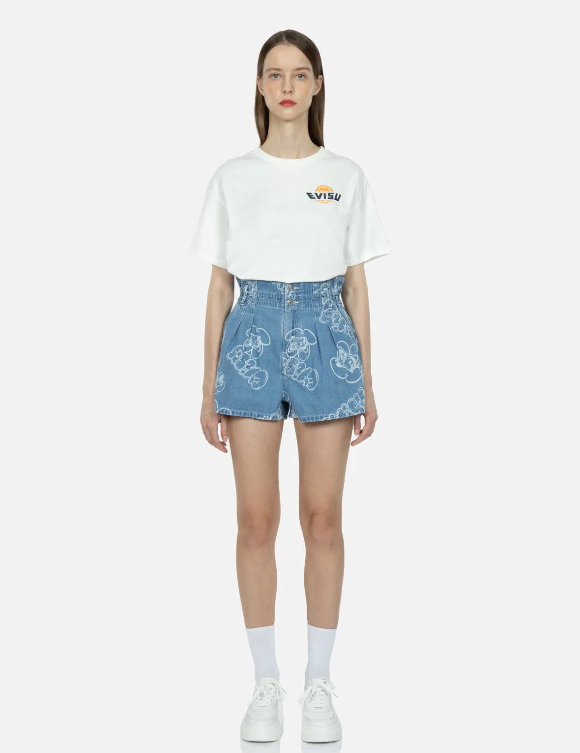 Allover Graffiti Daruma and Logo Laser-Print Denim Shorts