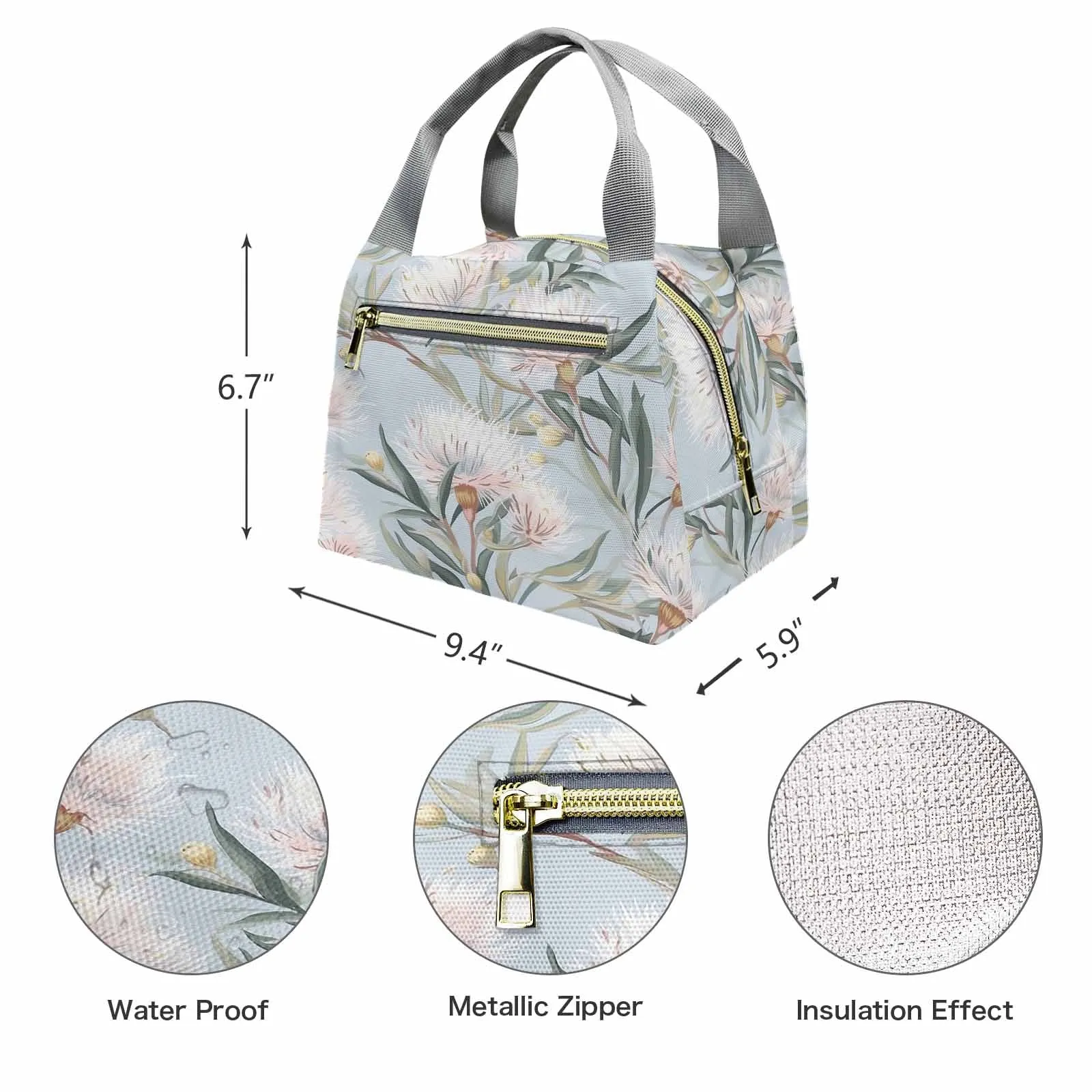 Australian Floral Blue  Portable Lunch Bag-Grey Handle