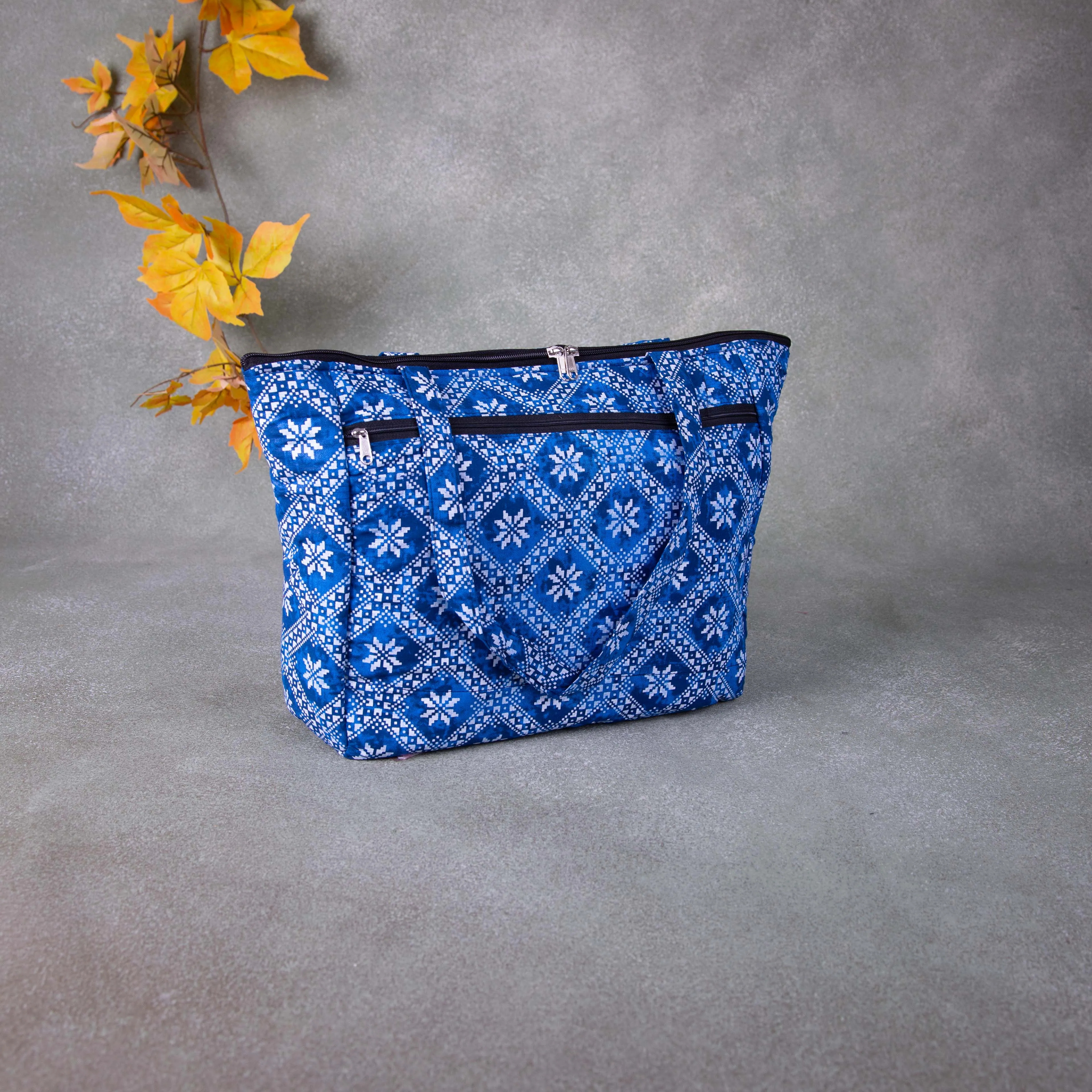 Baby Bag /Diaper bag/Hospital Bag Blue with White Flower and small Diamond Prints.