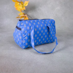 Barrel Handbags Blue with Golden Colour Small Flower Design.