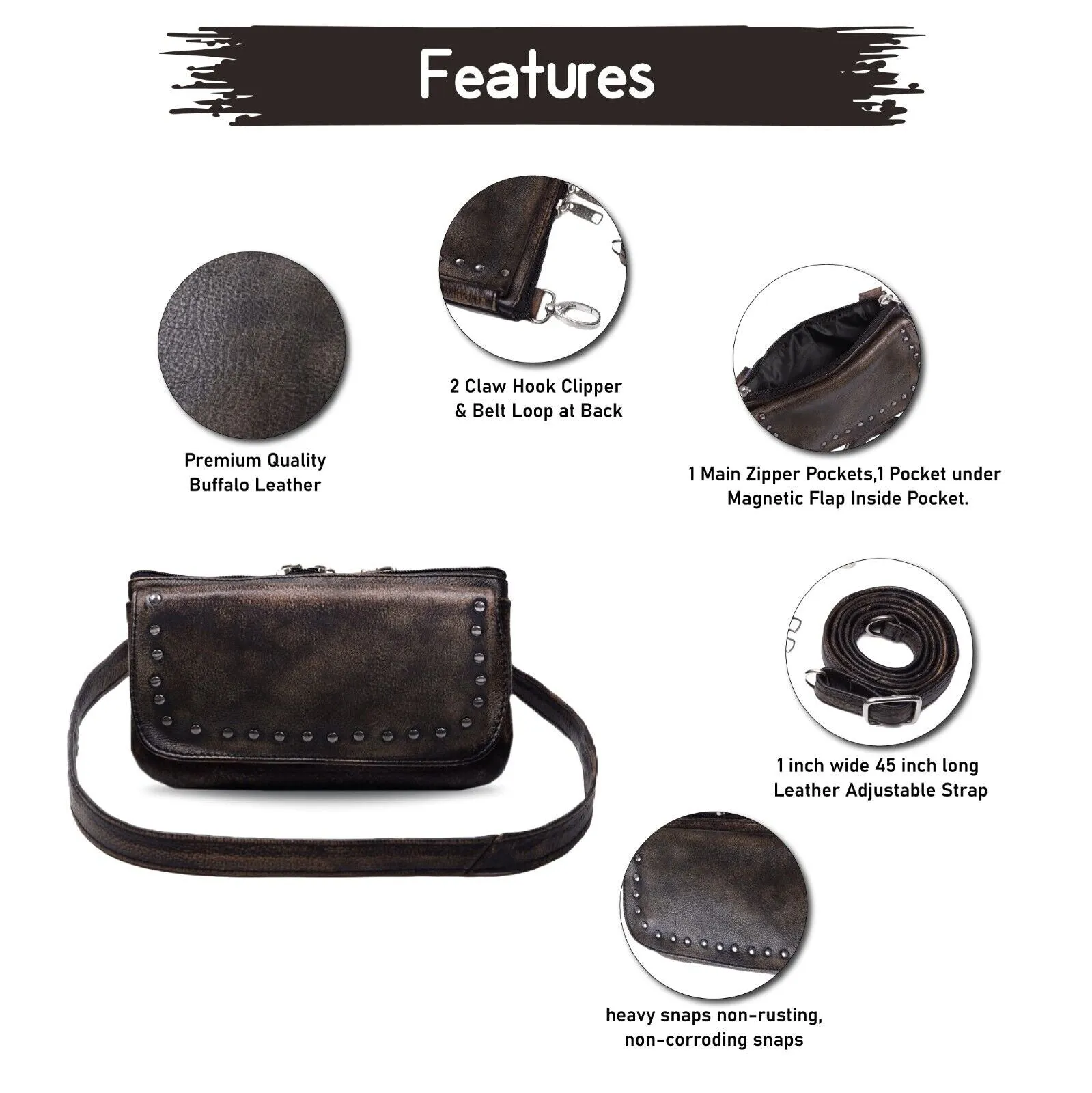 Beige HL80151BEIGE Leather HipClip Purse Bag Women Waist Fanny Pack Motorcycle Distressed BROWN