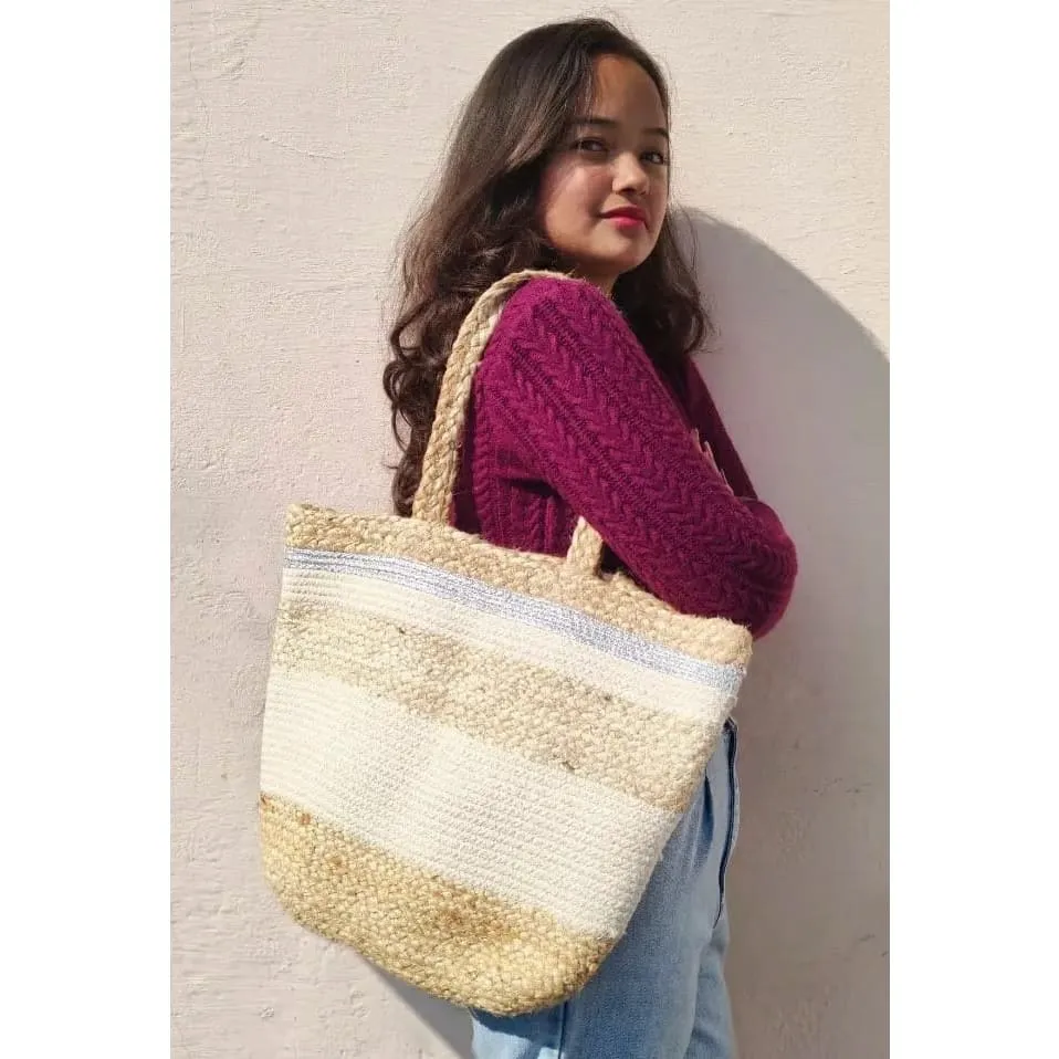 Beige Jute Tote Bag