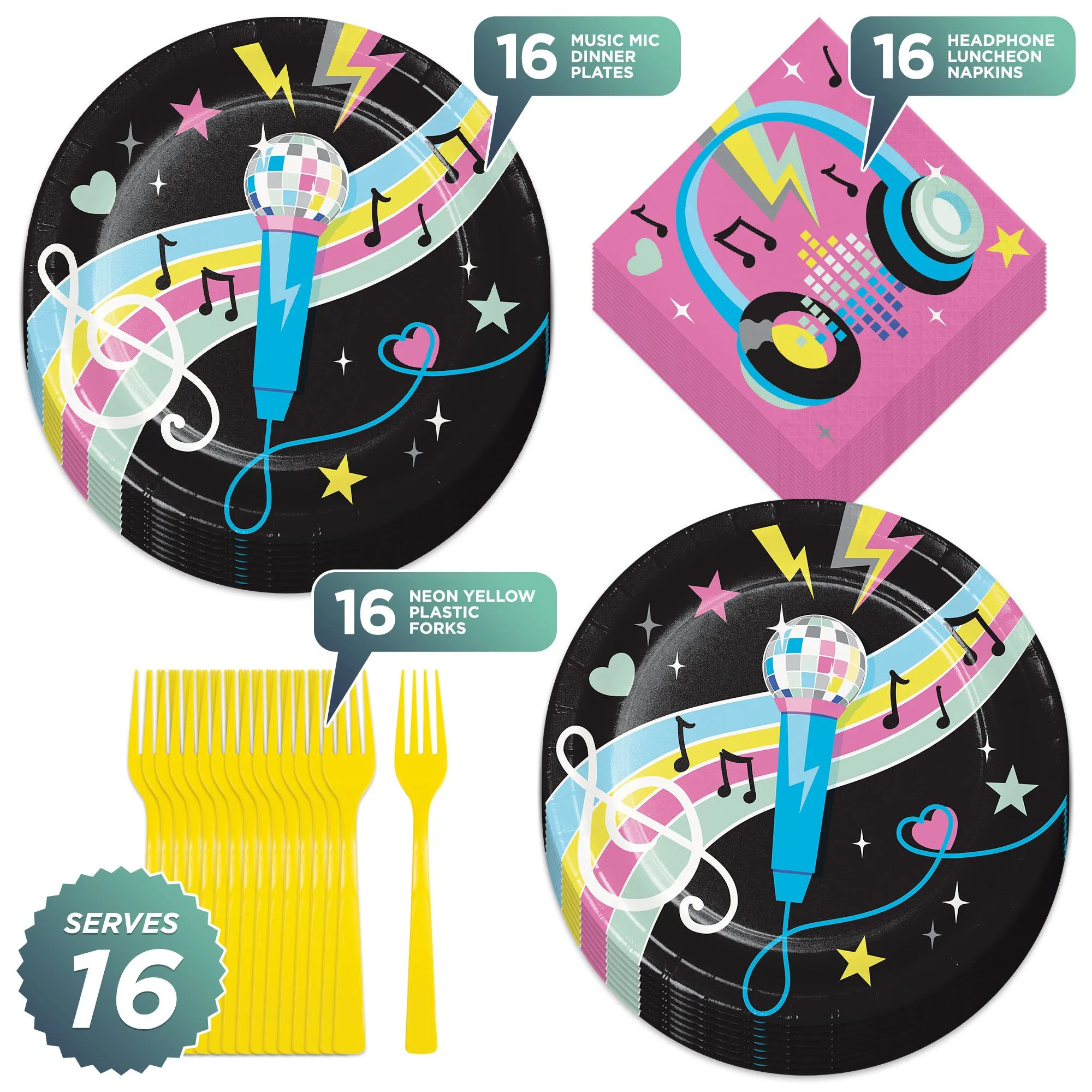 Birthday Beats Disco Music Mic Paper Plates, Headphone Lunch Napkins, & Forks (Serves 16)