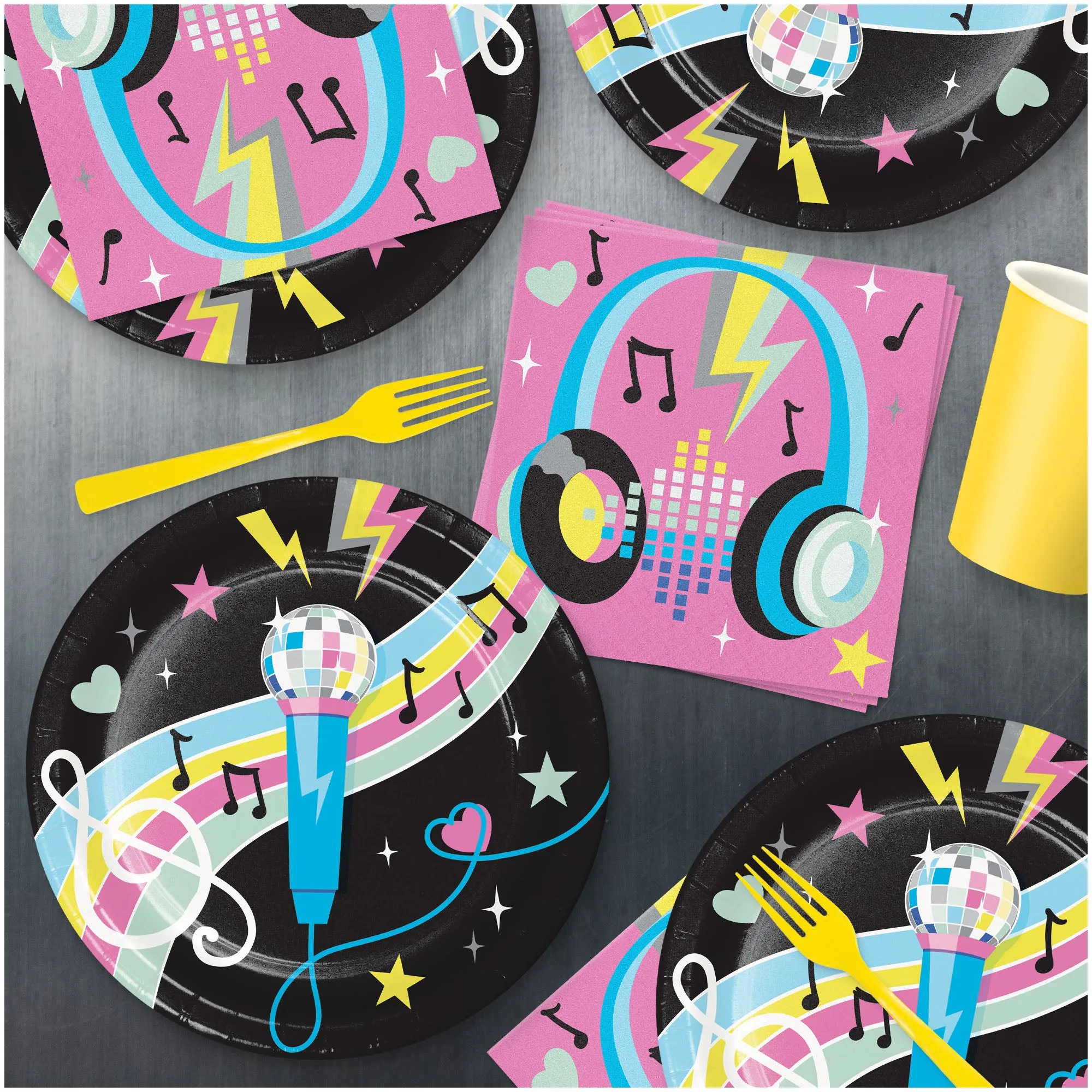 Birthday Beats Disco Music Mic Paper Plates, Headphone Lunch Napkins, & Forks (Serves 16)