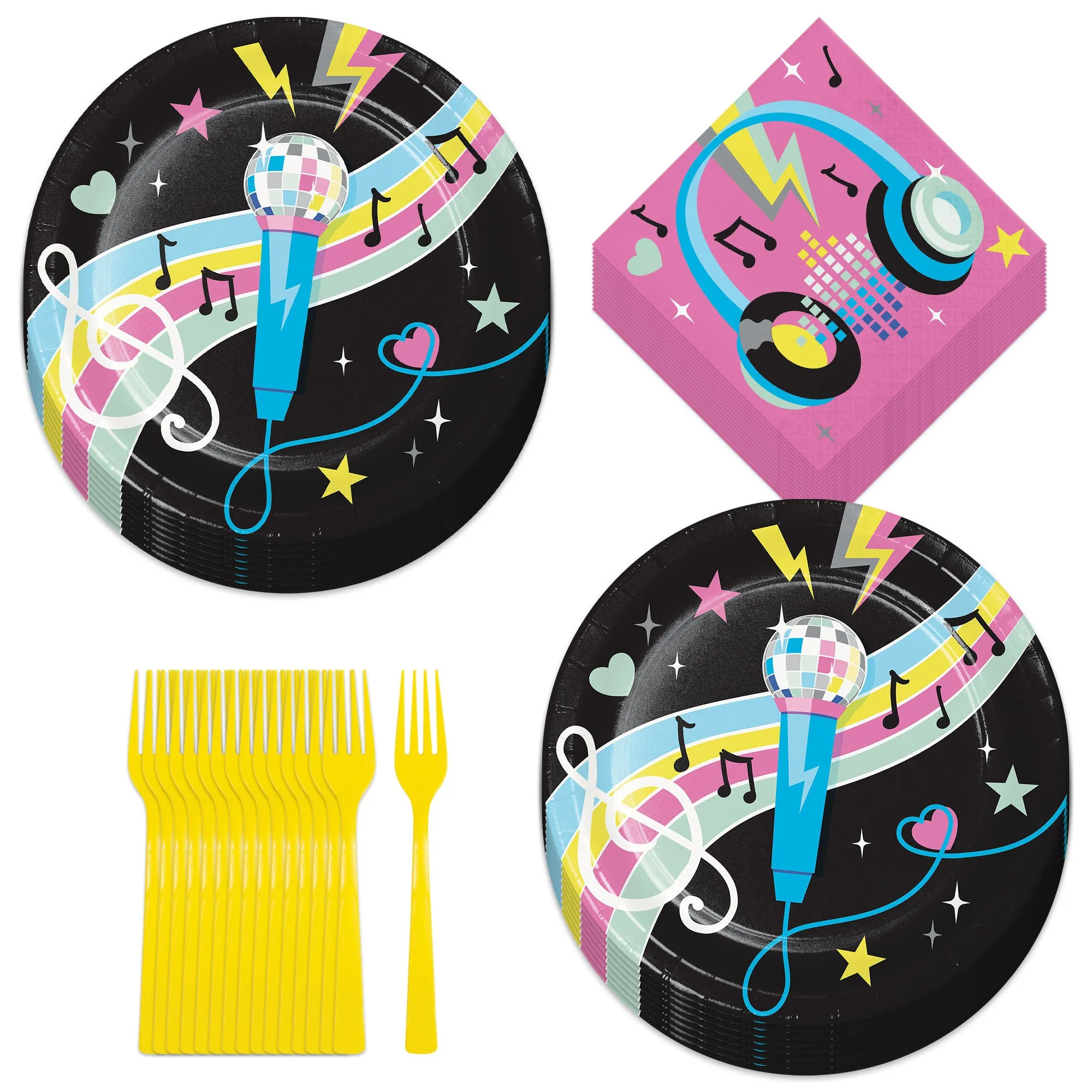 Birthday Beats Disco Music Mic Paper Plates, Headphone Lunch Napkins, & Forks (Serves 16)