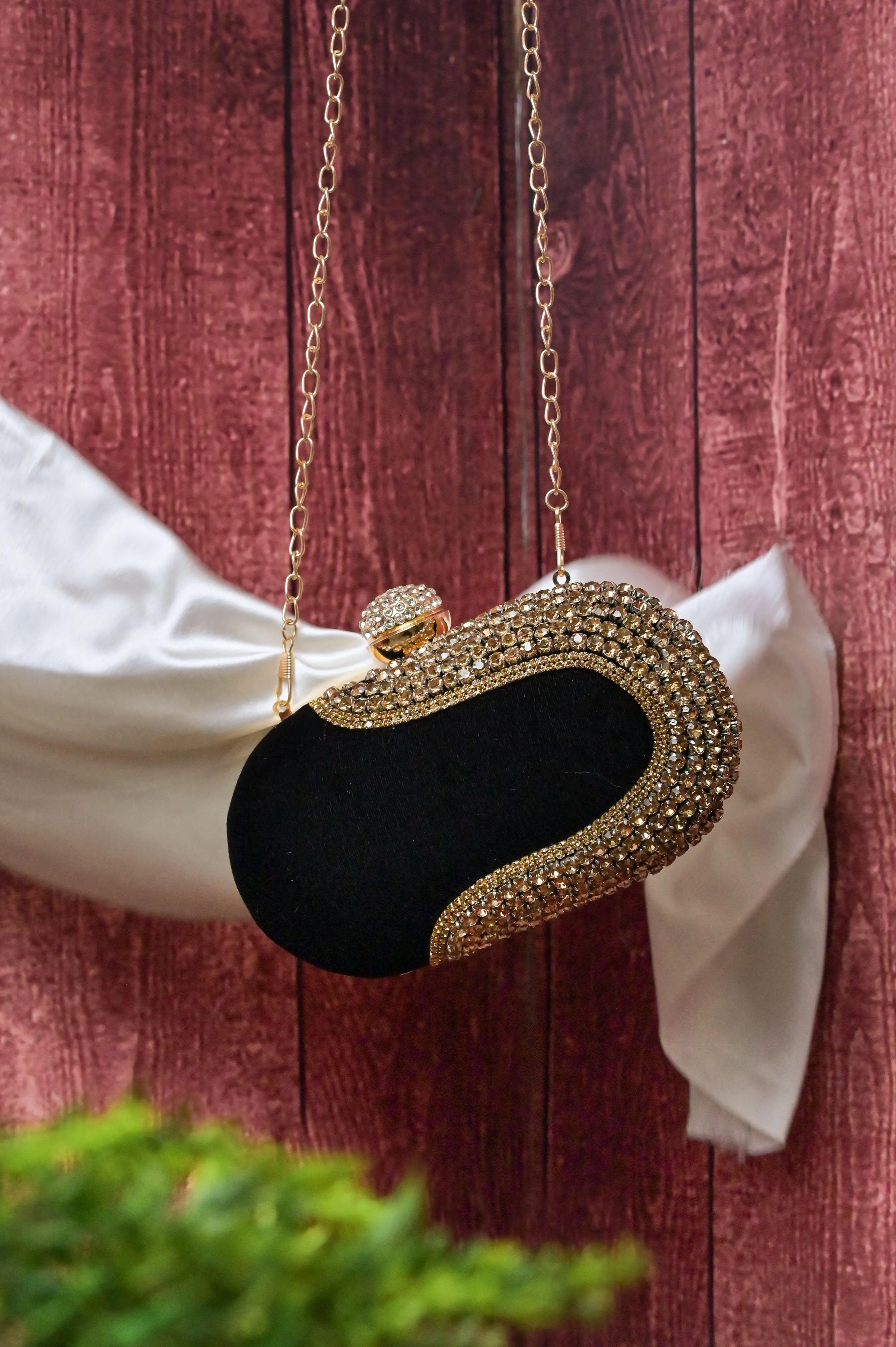 Black Color Designer Clutch with Golden Stone Work