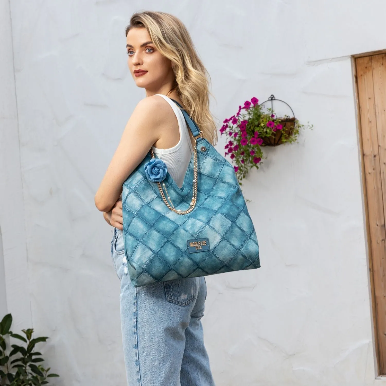 BLUE FLOWER LARGE SHOULDER BAG