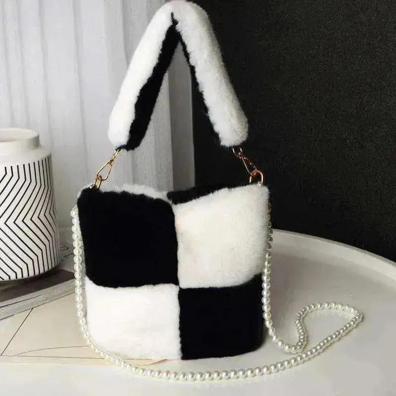 Checkerboard Plush Bucket Bag With Pearl Chain