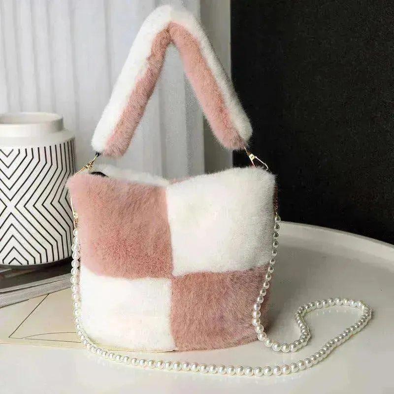 Checkerboard Plush Bucket Bag With Pearl Chain