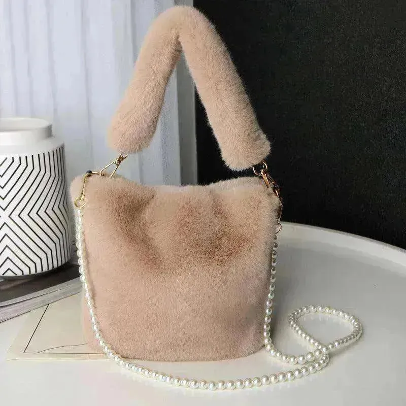 Checkerboard Plush Bucket Bag With Pearl Chain