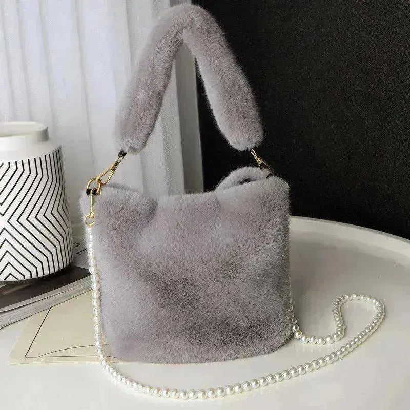 Checkerboard Plush Bucket Bag With Pearl Chain