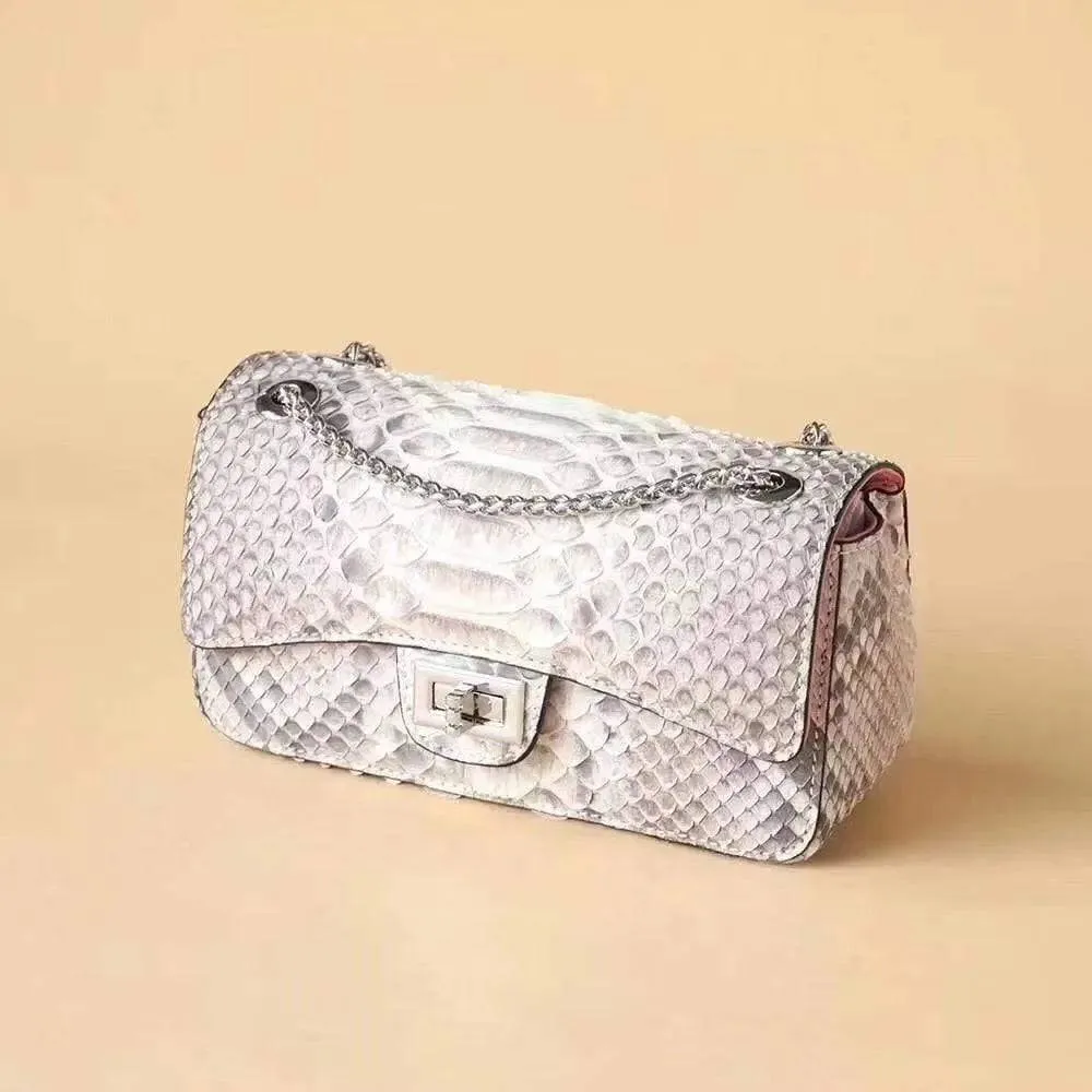 Classic Chain Double Flap Women's Genuine Python Leather Crossbody Shoulder Bag Grey