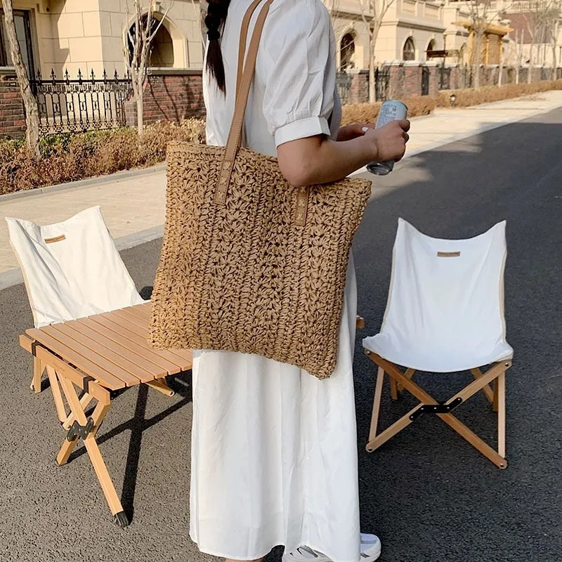 Darianrojas Square Hollow Straw Beach Bag Handmade Woven Shoulder Bag Raffia Rattan Shopping Travel Bag Bohemian Summer Vacation Casual Tote