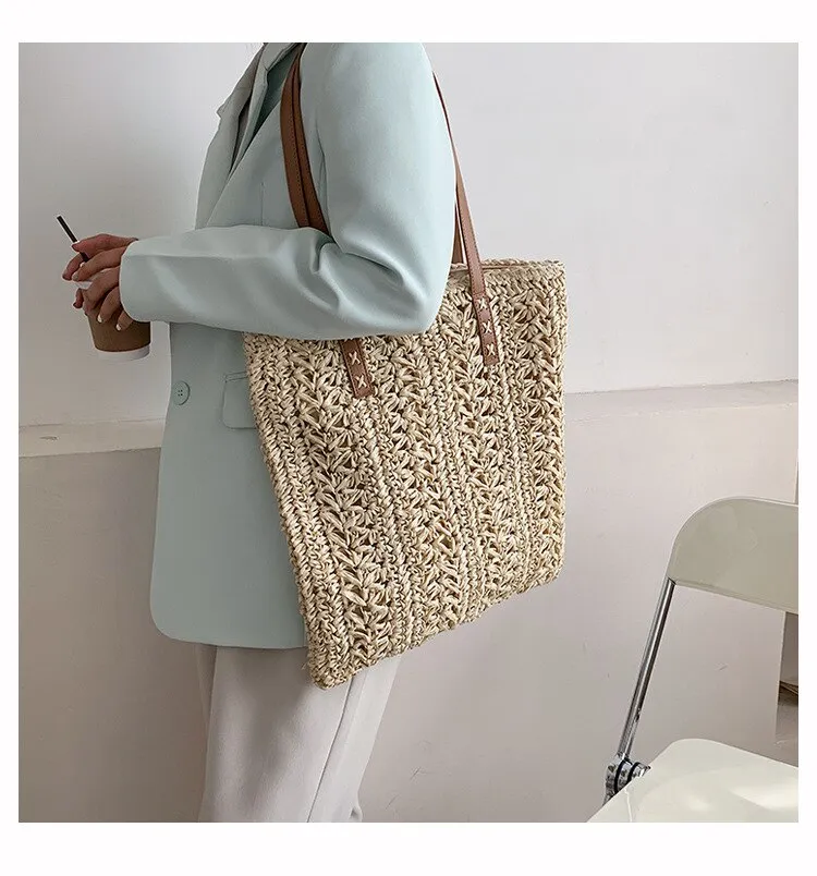 Darianrojas Square Hollow Straw Beach Bag Handmade Woven Shoulder Bag Raffia Rattan Shopping Travel Bag Bohemian Summer Vacation Casual Tote