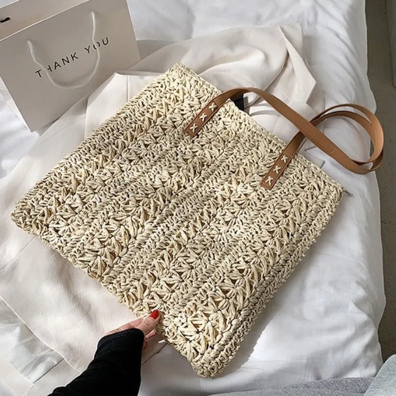 Darianrojas Square Hollow Straw Beach Bag Handmade Woven Shoulder Bag Raffia Rattan Shopping Travel Bag Bohemian Summer Vacation Casual Tote