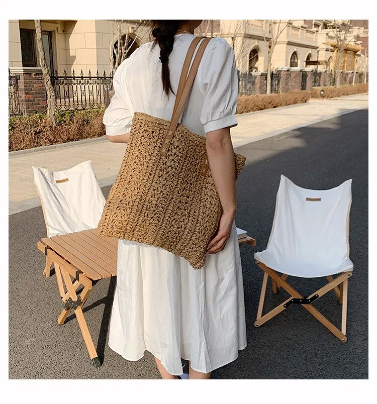 Darianrojas Square Hollow Straw Beach Bag Handmade Woven Shoulder Bag Raffia Rattan Shopping Travel Bag Bohemian Summer Vacation Casual Tote