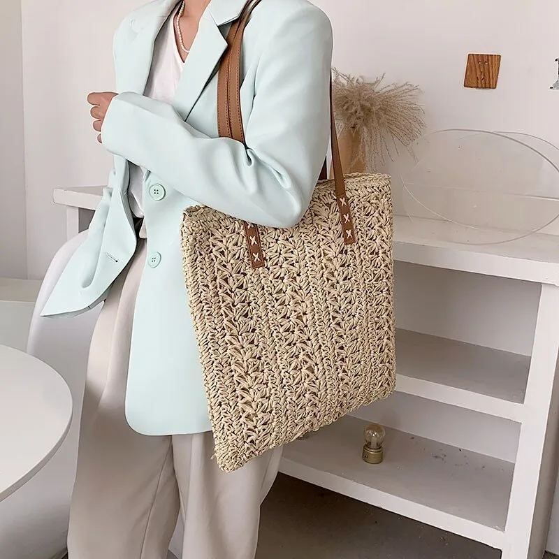 Darianrojas Square Hollow Straw Beach Bag Handmade Woven Shoulder Bag Raffia Rattan Shopping Travel Bag Bohemian Summer Vacation Casual Tote