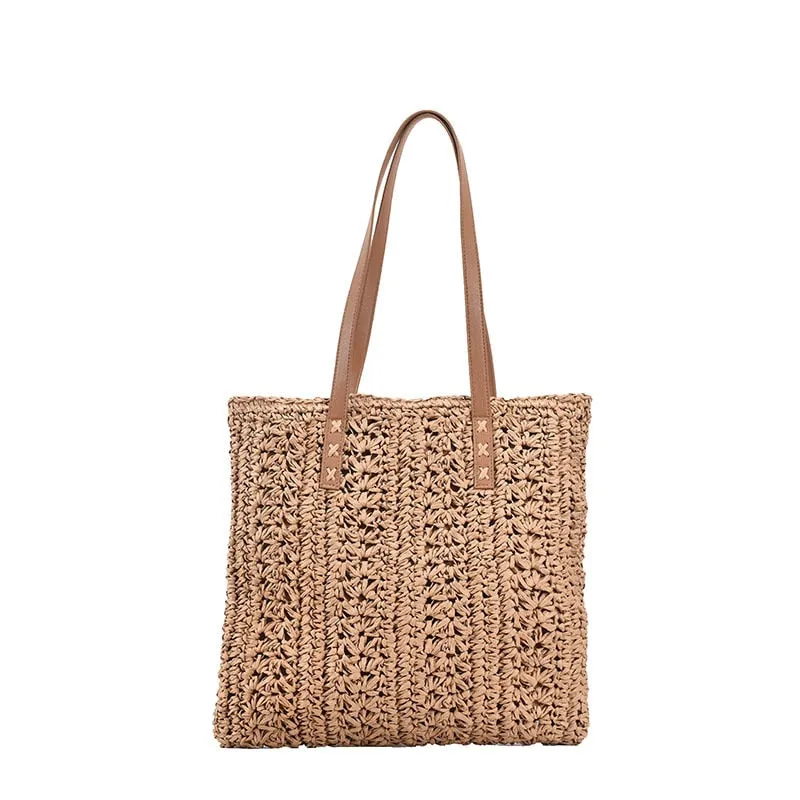 Darianrojas Square Hollow Straw Beach Bag Handmade Woven Shoulder Bag Raffia Rattan Shopping Travel Bag Bohemian Summer Vacation Casual Tote