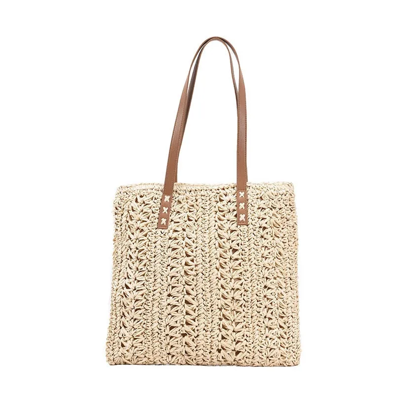 Darianrojas Square Hollow Straw Beach Bag Handmade Woven Shoulder Bag Raffia Rattan Shopping Travel Bag Bohemian Summer Vacation Casual Tote