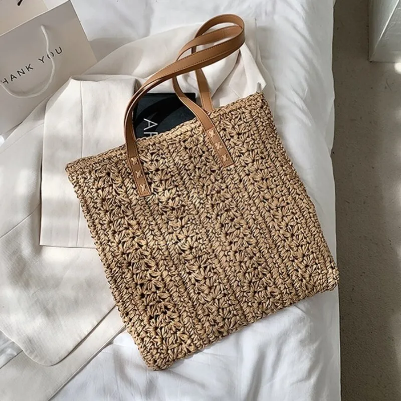 Darianrojas Square Hollow Straw Beach Bag Handmade Woven Shoulder Bag Raffia Rattan Shopping Travel Bag Bohemian Summer Vacation Casual Tote