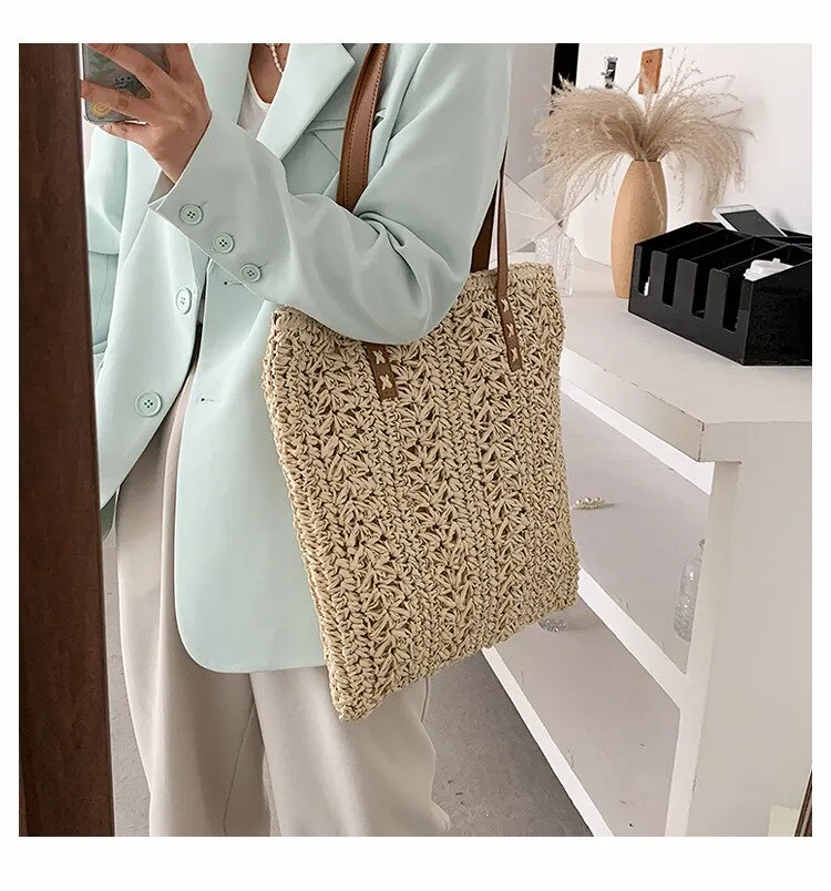 Darianrojas Square Hollow Straw Beach Bag Handmade Woven Shoulder Bag Raffia Rattan Shopping Travel Bag Bohemian Summer Vacation Casual Tote