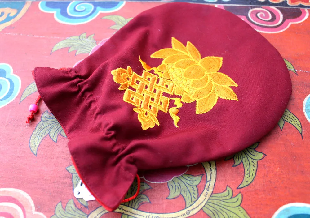 Endless Knot & Lotus Embroidered Mala Bag, Jewellery Pouch