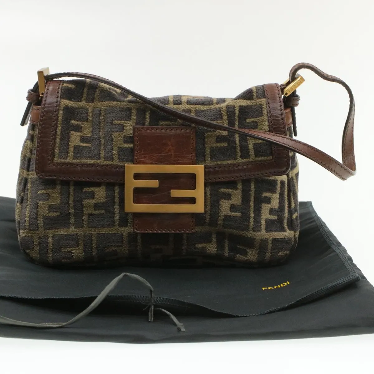 FENDI Mamma Baguette Zucca Canvas Shoulder Bag freeze Black Brown  am154b