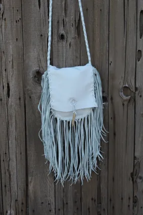 Fringed white leather handbag, boho style purse, leather bag