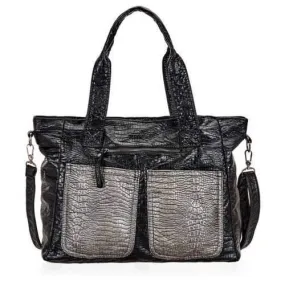 Front Pockets Faux Leather Shoulder Bag - Black