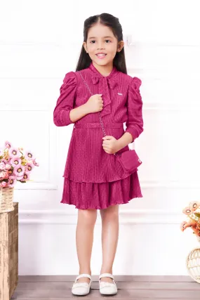 Fuchsia Pink Short Frock For Girls with Belt and Bag