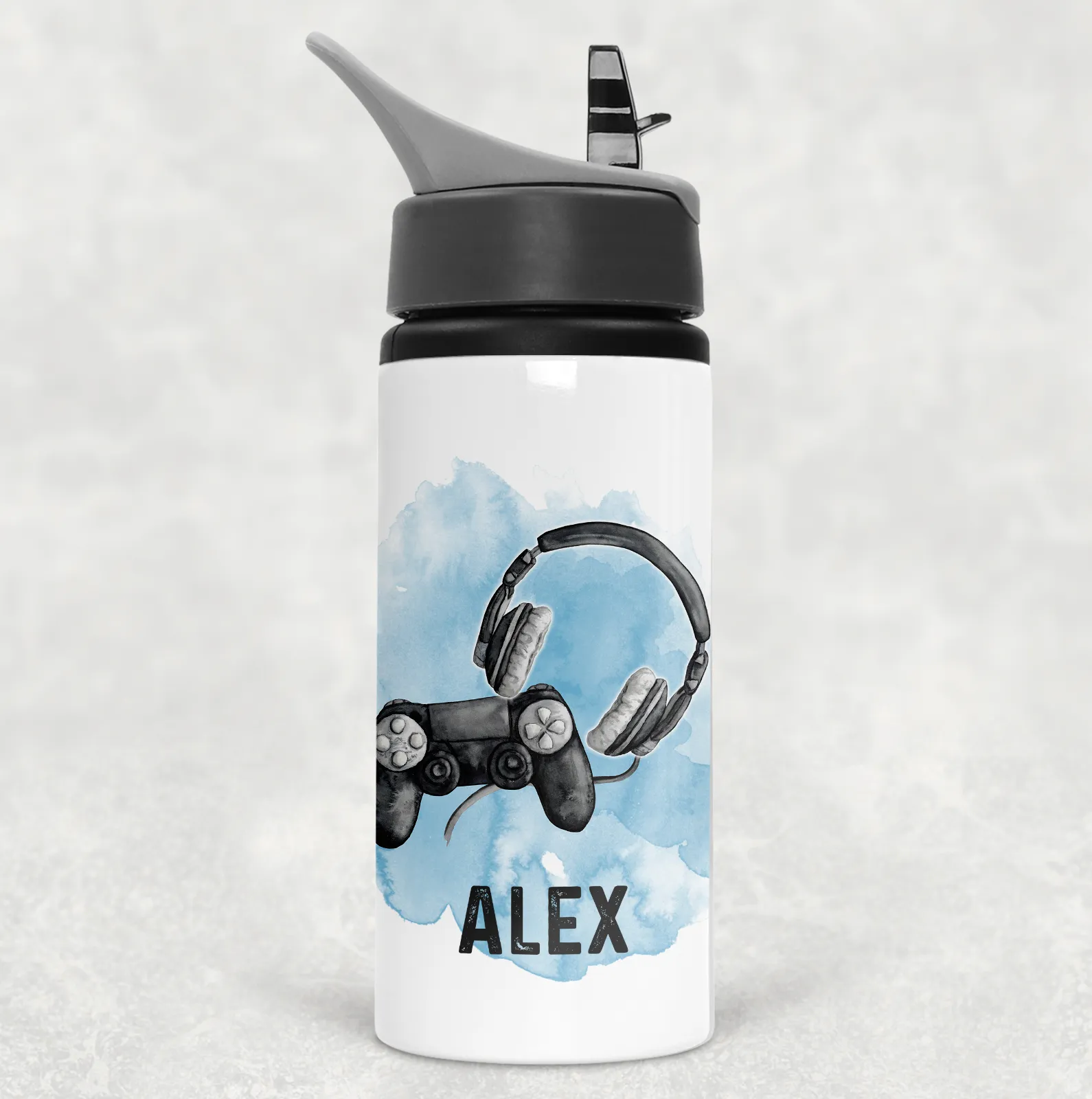 Gamer Headset Personalised Aluminium Straw Water Bottle 650ml