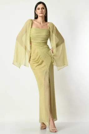 Golden Bling Ring - Cowl Draped Gown With Slit & Bag Sleeves In Shimmering Golden Color