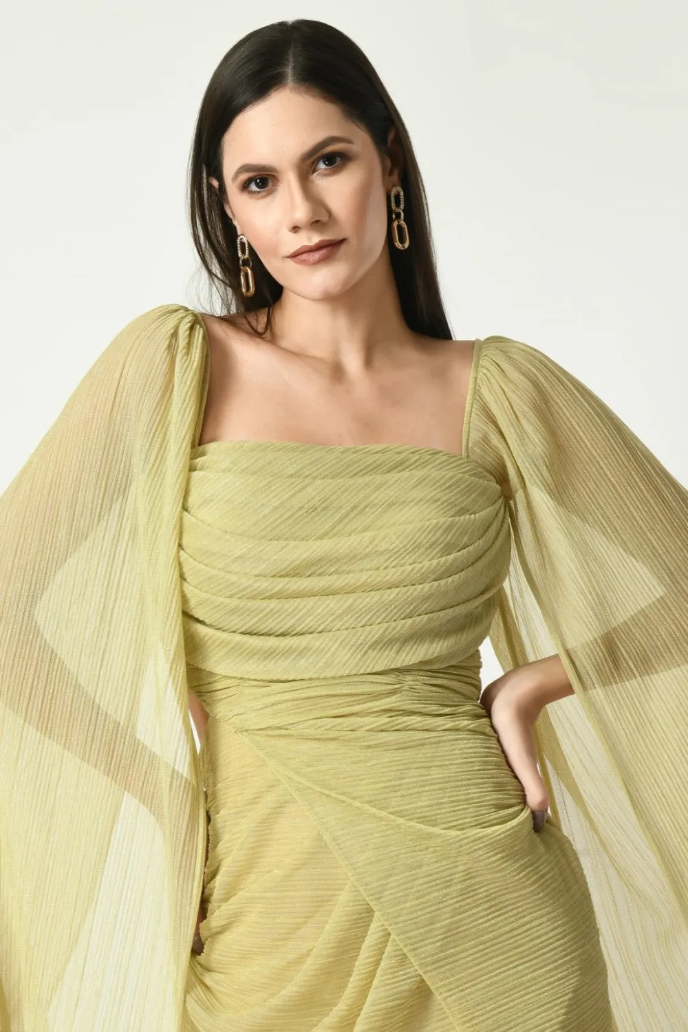 Golden Bling Ring - Cowl Draped Gown With Slit & Bag Sleeves In Shimmering Golden Color