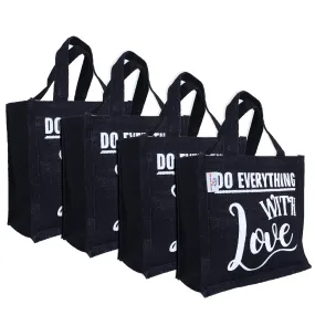 Heart Home Lunch Bag|Reusable Jute Fabric Tote Bag|Do Everything with Love Print Tiffin Carry Hand Bag with Handle for Office,School,Gift,Pack of 4 (Black)