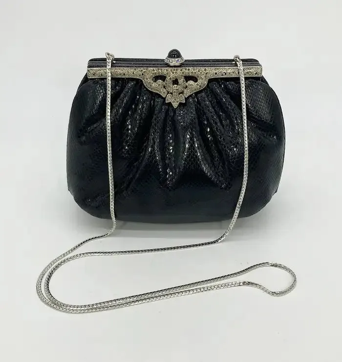 Judith Leiber Black Lizard Silver Antique Crystal Top Clutch