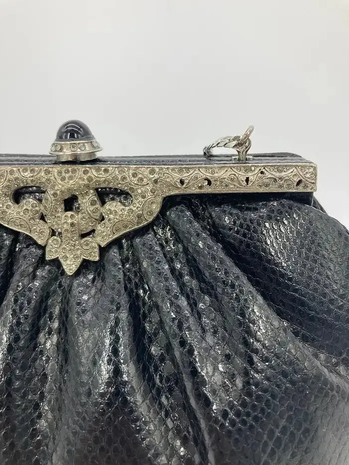 Judith Leiber Black Lizard Silver Antique Crystal Top Clutch