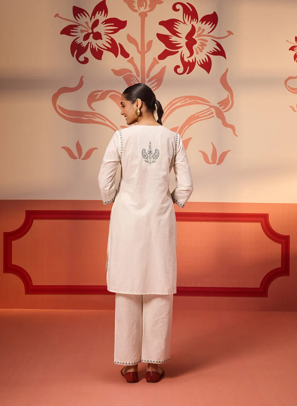 Khurshid Ivory Embroidered Cotton Linen Designer Kurta Set for Women