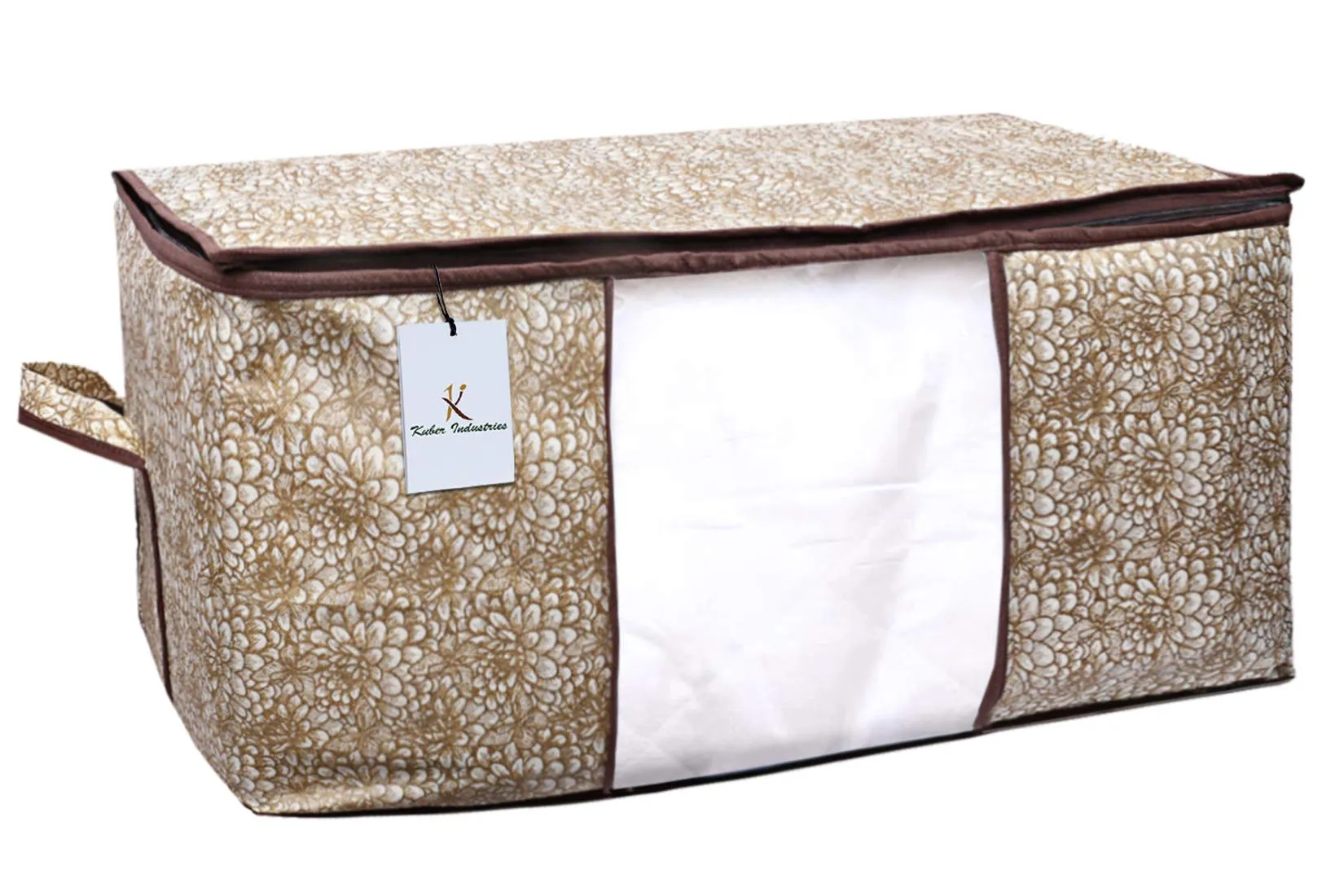 Kuber Industries Flower Design Underbed Storage Bag, Storage Organiser, Blanket Cover Set of 3 - Golden Brown, Extra Large Size - CTKTC15252