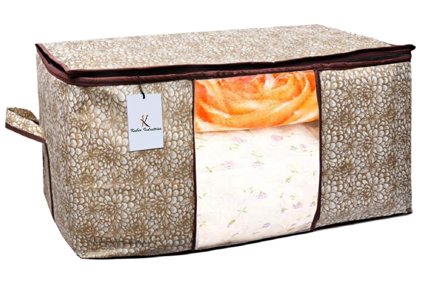 Kuber Industries Flower Design Underbed Storage Bag, Storage Organiser, Blanket Cover Set of 3 - Golden Brown, Extra Large Size - CTKTC15252