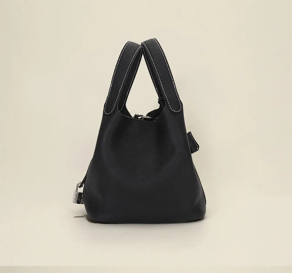 Leather Bucket Top Handle Bag Karki And Black