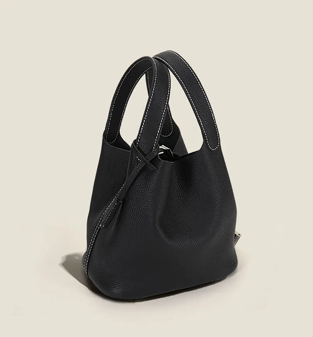 Leather Bucket Top Handle Bag Karki And Black