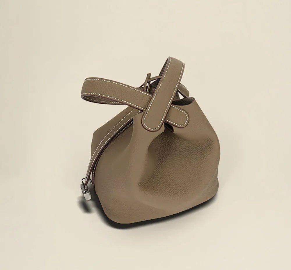 Leather Bucket Top Handle Bag Karki And Black