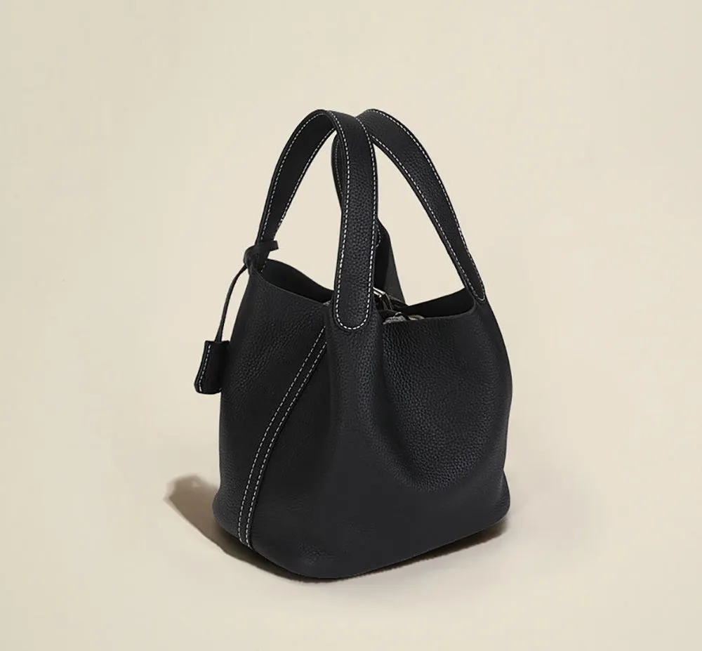 Leather Bucket Top Handle Bag Karki And Black