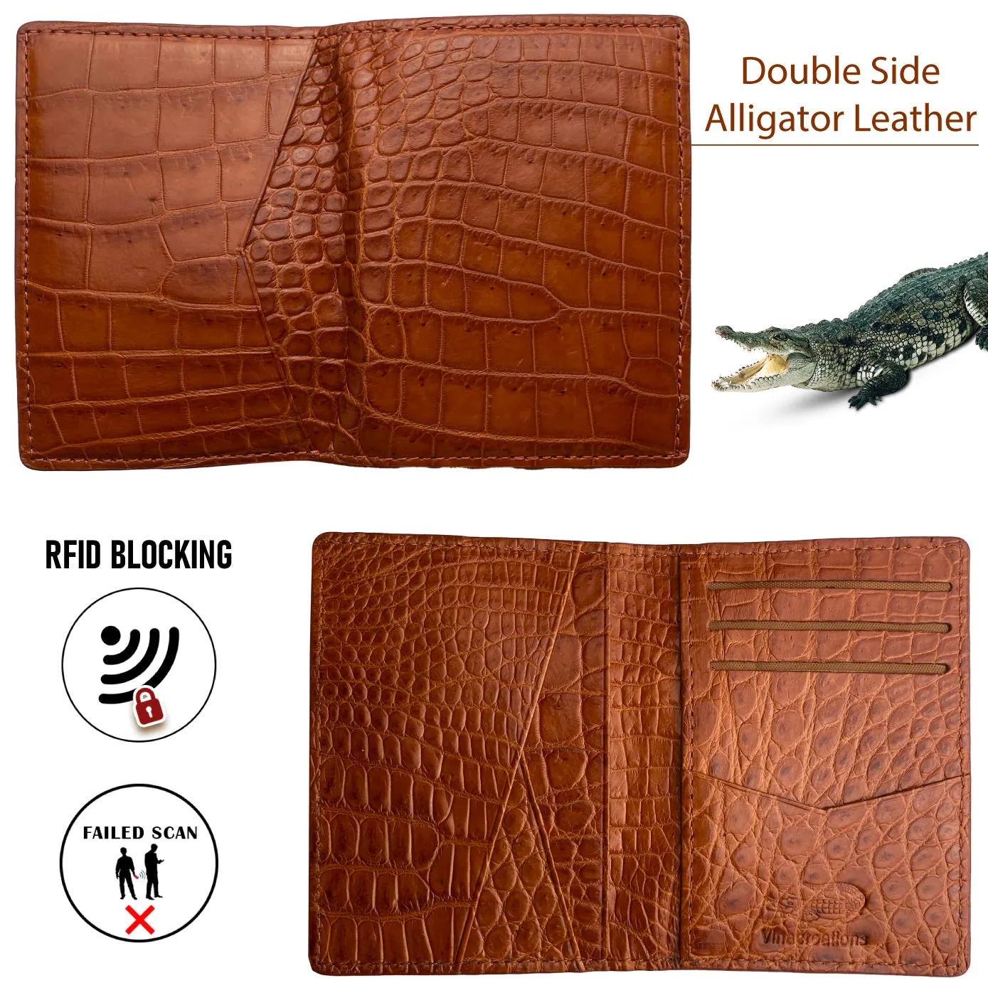 Light Brown Alligator Leather Minimalist Wallet - Crocodile Slim Credit Card Holder Double Side | RFID Blocking | LIGHT-CARD-14