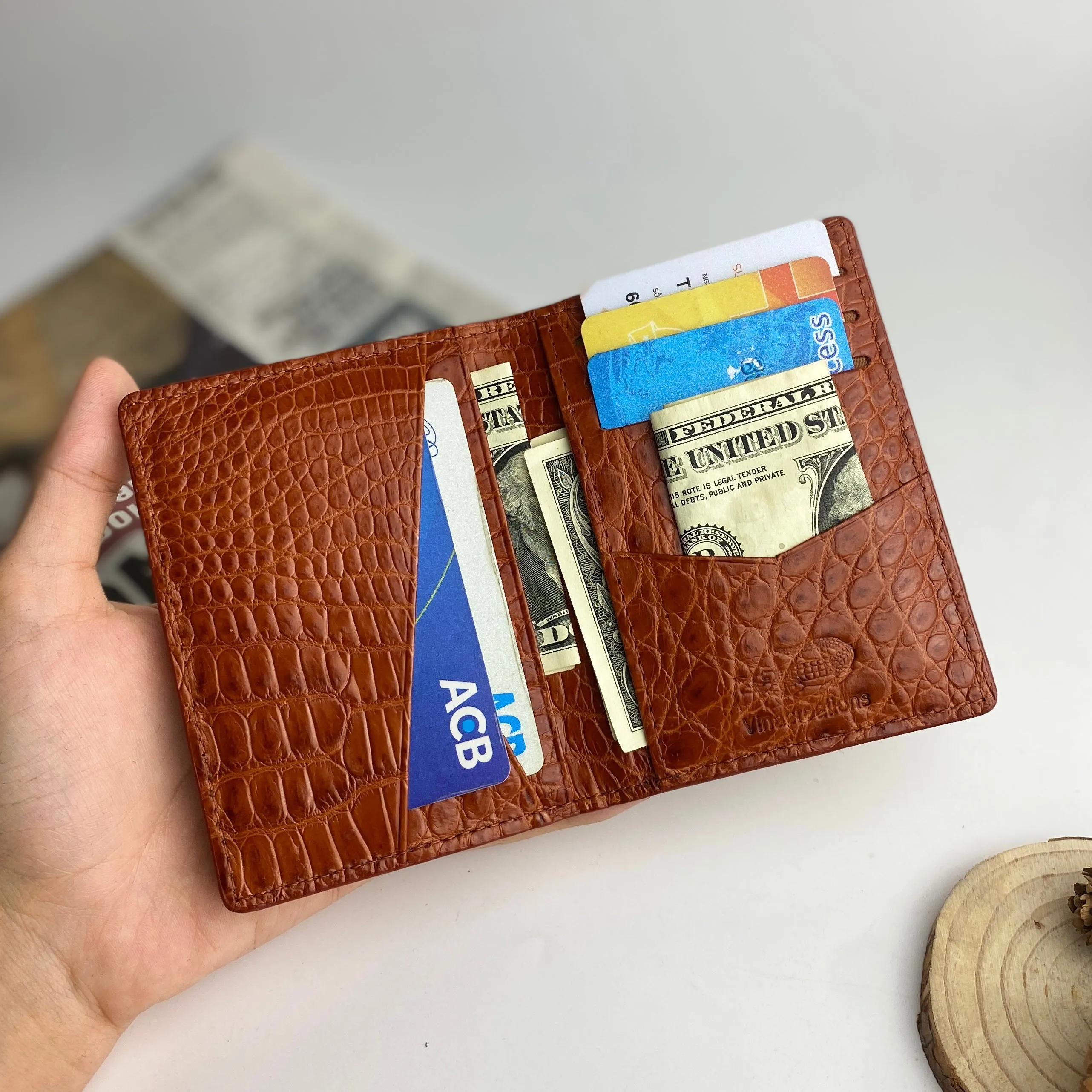 Light Brown Alligator Leather Minimalist Wallet - Crocodile Slim Credit Card Holder Double Side | RFID Blocking | LIGHT-CARD-14