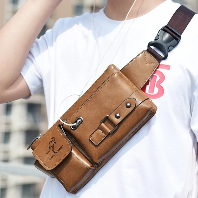 Men Multifunction Multi-compartment Chest Bag Waist Bag PU Leather Large Capacity Headphone Hole Crossbody Shoulder Bag